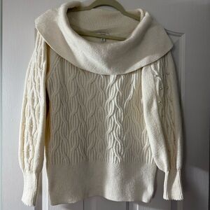 Soft Cream Polyester Blend Off-Shoulder Sweater Size M, Bead Trim on Sleeves
